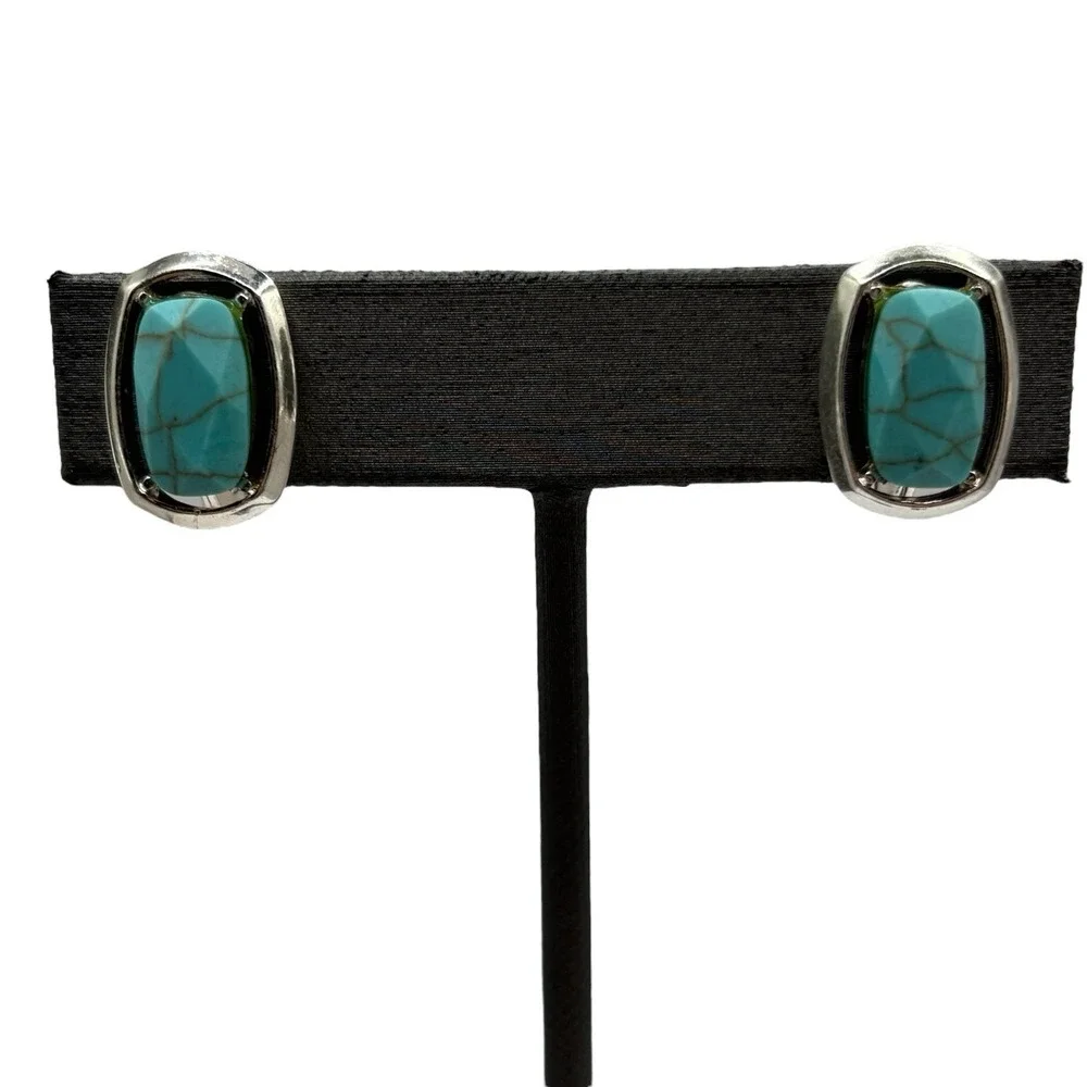 Faux Turquoise Clip On Earrings Silver‎ Tone Vintage TJG The Jewelry Group Open